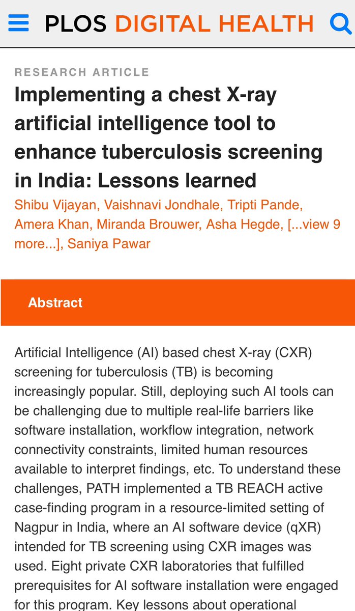 Out today! Joint project with @PATHtweets @TbDivision Nagpur @StopTB & Qure.ai . 16% increase in TB yield, #AI picked cases missed by radiologists. @ddgtb2017 @DrRaghuramRao @MoHFW_INDIA @usaid_india @GlobalFund journals.plos.org/digitalhealth/…