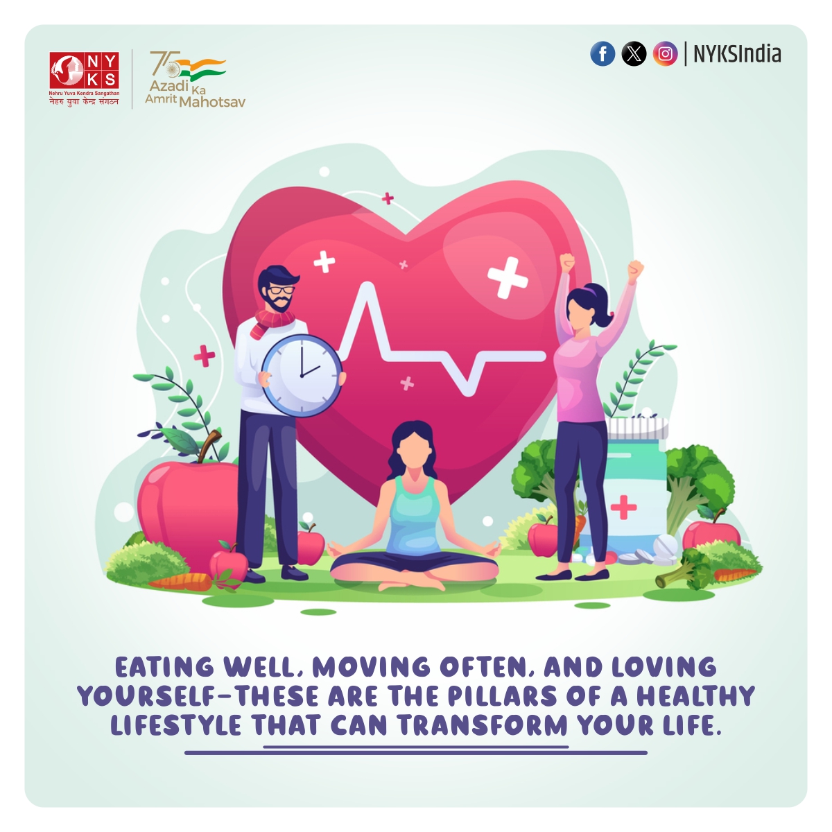MYBharatHQ's tweet image. Embrace the transformative power of a healthy lifestyle! 🌟 Nourish your body, ignite your spirit, and radiate self-love with these three pillars:

#healthylifestyle #fitness #HealthyNation #NYKS 
@ianuragthakur @YASMinistry @NisithPramanik @NITKM2021  @airnewsalerts @mygovindia
