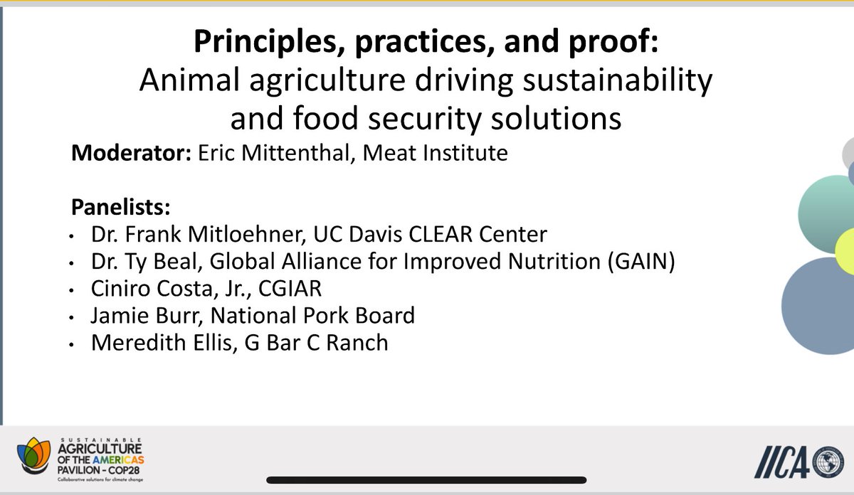 TheProteinPACT's tweet photo. Happening now in the @IICAnews pavilion, #ProteinPACT is hosting a panel of experts on #AnimalAg. Emissions, nutrient-density, and practices across the animal ag value chain all come into play as we advance sustainable #FoodSystems solutions. #IICAinCOP28 https://t.co/X55iVk0tLq