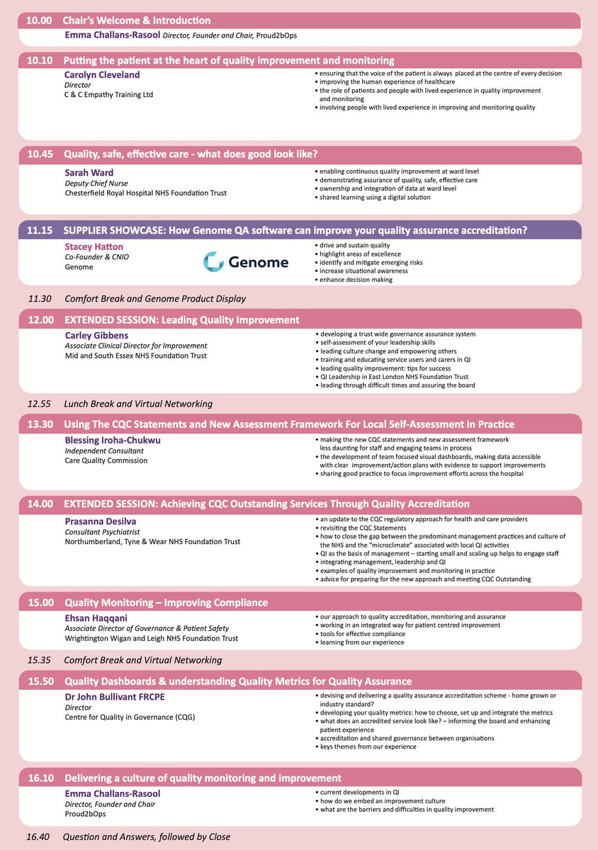 genome_digital's tweet photo. Thank you @HCUK_Clare for having us speak at the "Quality Accreditation, Monitoring, and Assurance in Health and Social Care" #QualityAccreditation conference today. It is great to see you all.
Great speakers, as always, at @HCUK_Exhibs:
🔷 Emma Challans-Rasool | @emmachallans conference chair and speaker | Founder and Director at @Proud2bOps
🔷 Sarah Ward | Deputy Chief Nurse, @sarahward2015 at @royalhospital
🔷 Stacey Hatton | Co-Founder & CNIO at @genome_digital @stacey_CNIO
🔷 Blessing Iroha-Chukwu | Independent Consultant, @theblessedblesn at @CareQualityComm
🔷 Prasanna De Silva | Consultant Psychiatrist at @CNTWNHS
🔷 Ehsan Haqqani | Associate Director of Governance & Patient Safety Governance, @NhsEsso at @WWLNHS
🔷 Dr John Bullivant | Director, Centre for Quality in Governance (CQG) and Special Advisor at @ggimprovement
🔷 Carolyn Cleveland | Director, C&C Empathy Training Ltd
@carolyncce @empathyenvoy
Carley Gibbens | Associate Clinical Director for Improvement @CarleyGibbens at @MSEHospitals