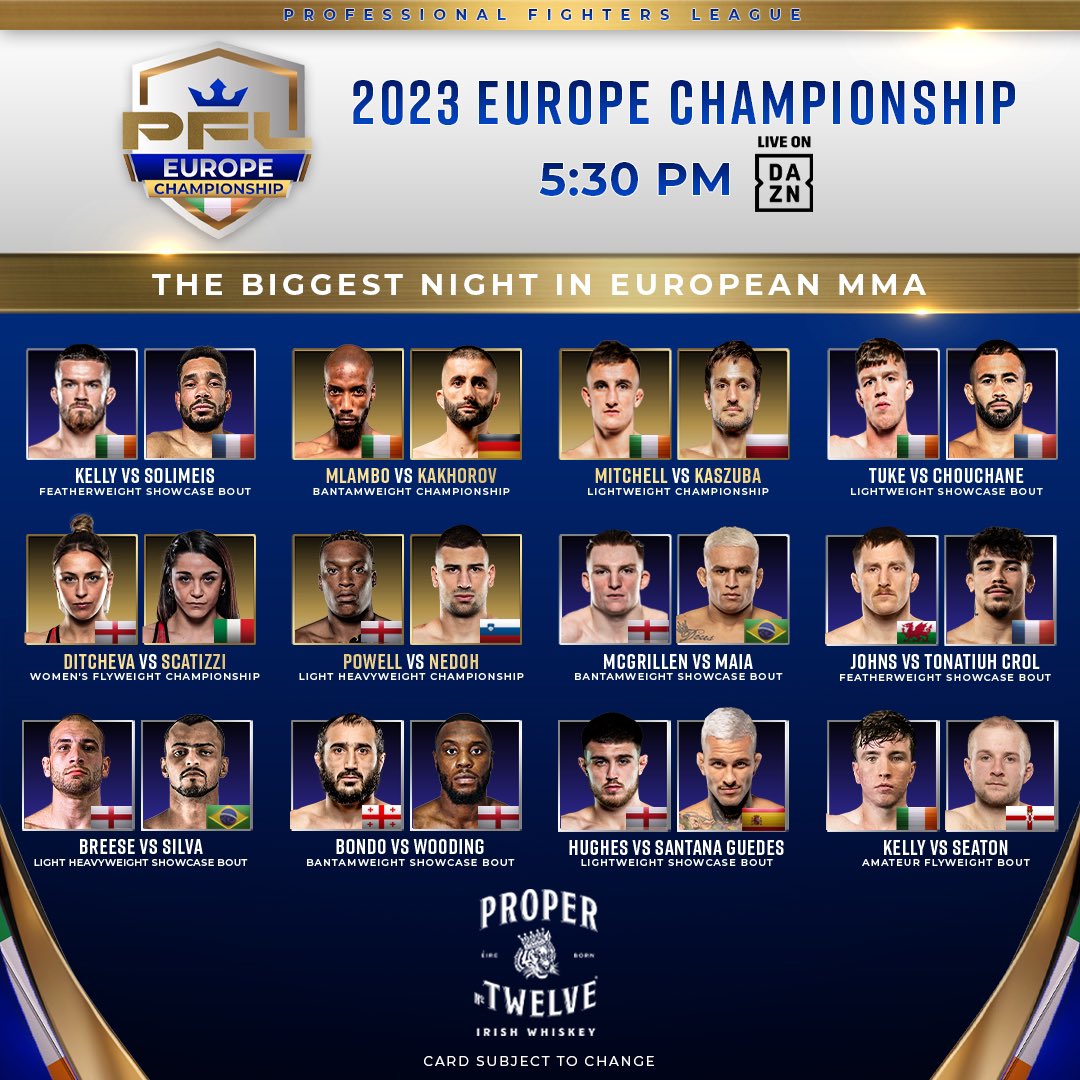 𝙒𝘼𝙆𝙀 𝙐𝙋❗️IT’S FIGHT DAY‼️

🏆 4 Belts for 𝑇ℎ𝑒 𝐵𝑖𝑔𝑔𝑒𝑠𝑡 𝑁𝑖𝑔ℎ𝑡 𝑖𝑛 𝐸𝑢𝑟𝑜𝑝𝑒𝑎𝑛 𝑀𝑀𝐴
💰 $400,000 on the line for Title fights
🇪🇺 11 European nations represented
🥇 3 qualifiers to 2024 <a href="/PFLEurope/">PFL Europe</a> season
🌍 1 <a href="/PFLMMA/">PFL</a> global qualifying match
📚 First-ever