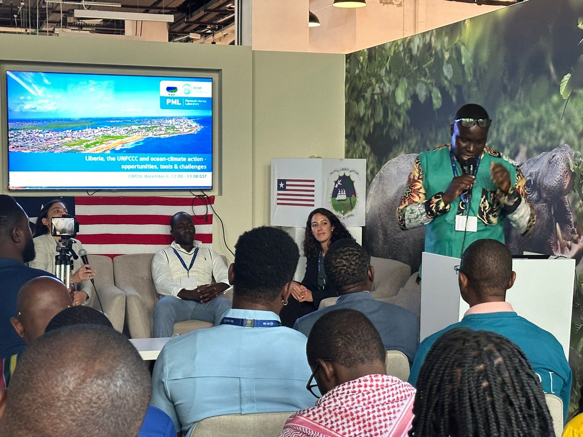 PlymouthMarine's tweet photo. Wow - what a fantastic session for '#Liberia, the @UNFCCC and Ocean-climate action' this morning! Thank you to the great speakers and moderator. If you missed this session, you can watch on demand here: https://t.co/zIMc7CMPhq 

#COP28 #PMLatCOP28 https://t.co/szG6DbYX13