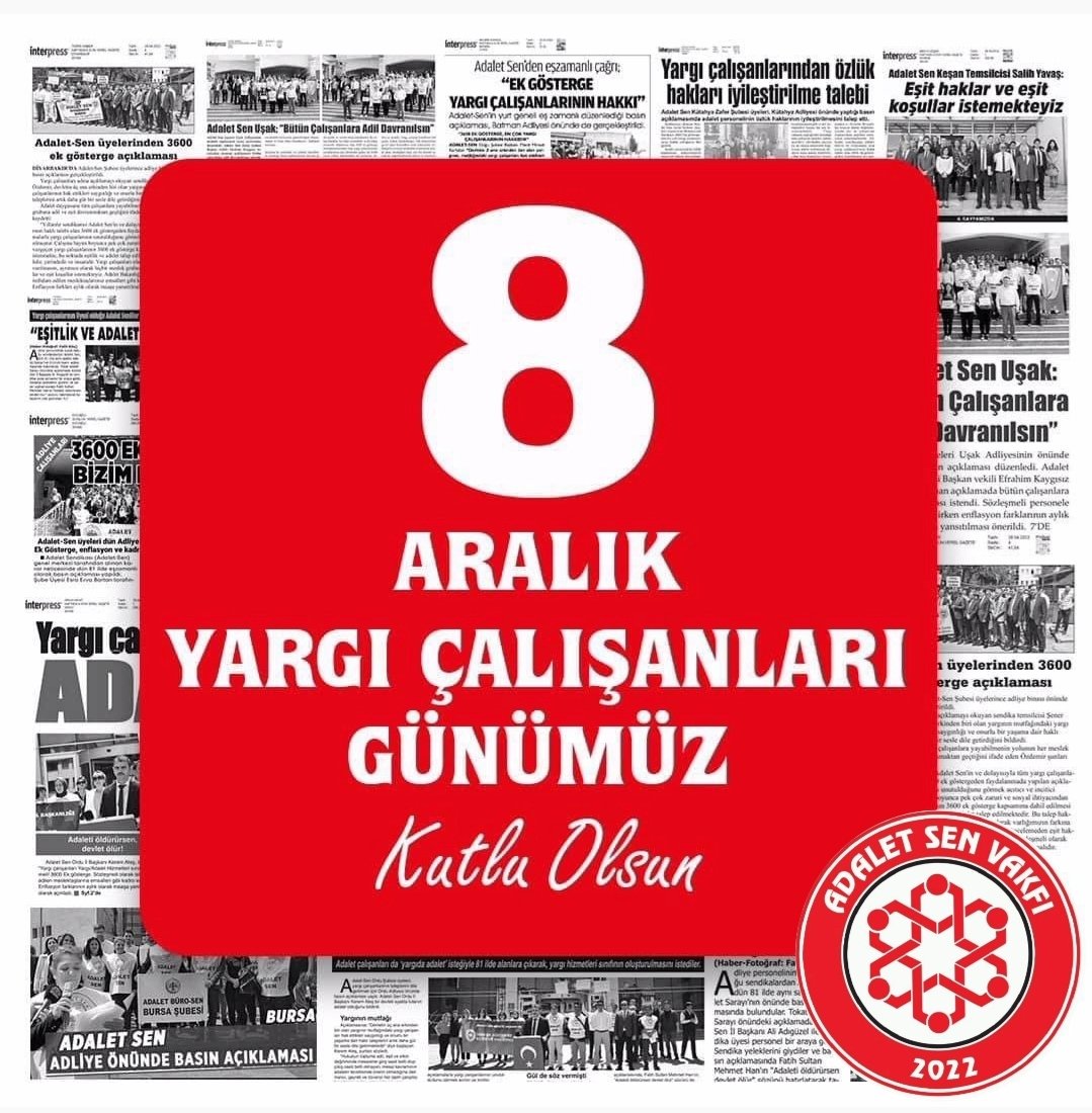 Adaletin tecelli etmesi için mesai mefhumu gözetmeksizin fedakârca çalışan tüm yargı çalışanlarının “8 Aralık Yargı Çalışanları Günü” kutlu olsun.

#8AralıkYargıÇalışanlarıGünü