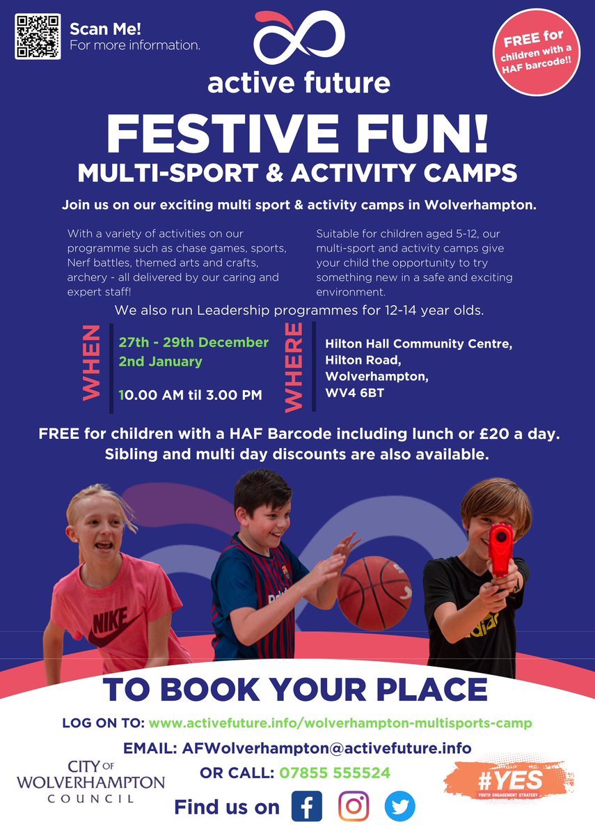 Looking for something for the kids to do over the Christmas Holidays? 🎅🏻🎄

Check out our Festive Fun Multi Sport and Activity Camps for 5-14yr olds, running over the school holidays around Wolverhampton and Wombourne. 

If your child is HAF eligible they can come along for FREE!