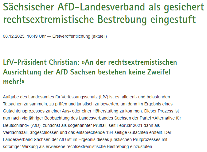 dd_nazifrei's tweet photo. Das Landesamt für #Verfassunsgschutz #Sachsen hat heute Morgen bekannt gegeben, dass es den Landesverband der AfD ab sofort als eine erwiesene rechtsextreme Bestrebung einstuft. #NoAfD #FghtAfD #FghtNZS https://t.co/cBKHEw4dvR