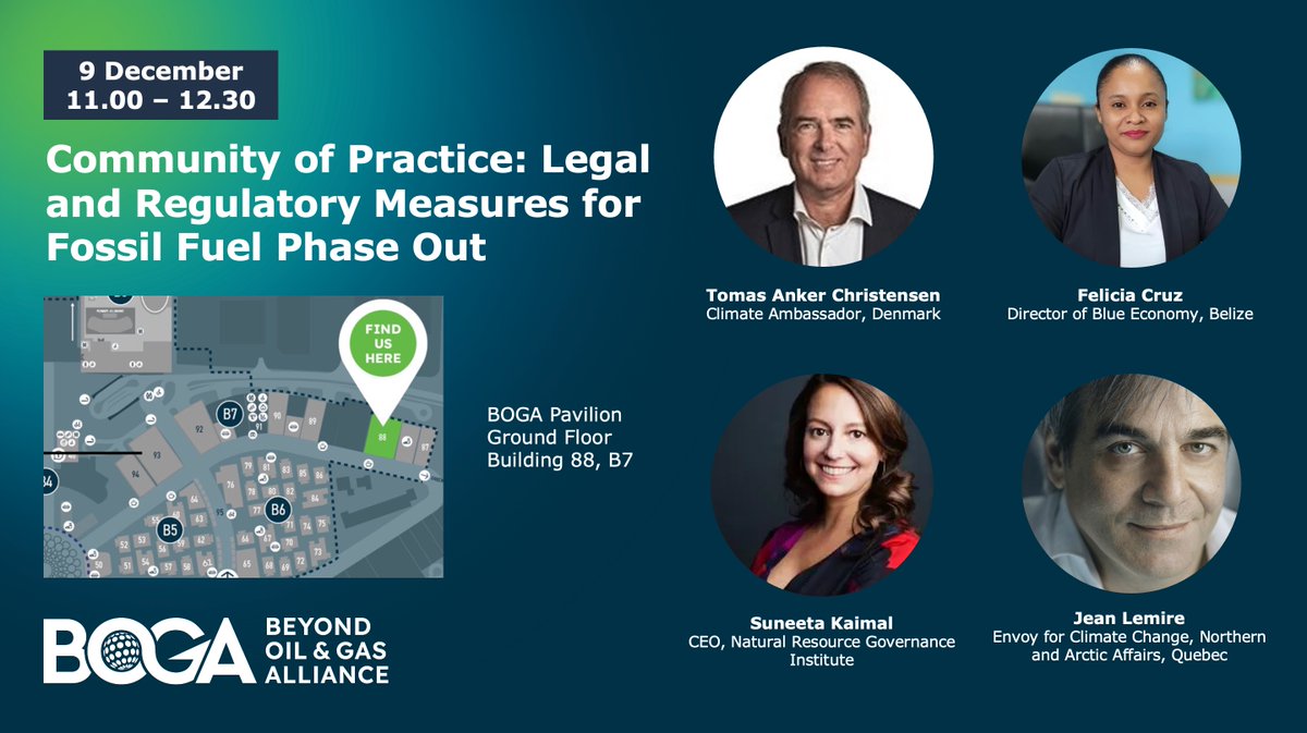 Tomorrow at #COP28, join NRGI president and CEO <a href="/SuneetaJan/">Suneeta Kaimal</a>, <a href="/dkclimateamb/">Tomas Anker Christensen</a>, <a href="/JeanLemire/">Jean Lemire</a> and Belize's Felicia Cruz at the <a href="/beyondoilgas/">The Beyond Oil & Gas Alliance</a> pavilion for a discussion of legal measures for fossil fuel phaseout. 

Info: resourcegovernance.org/events/communi…