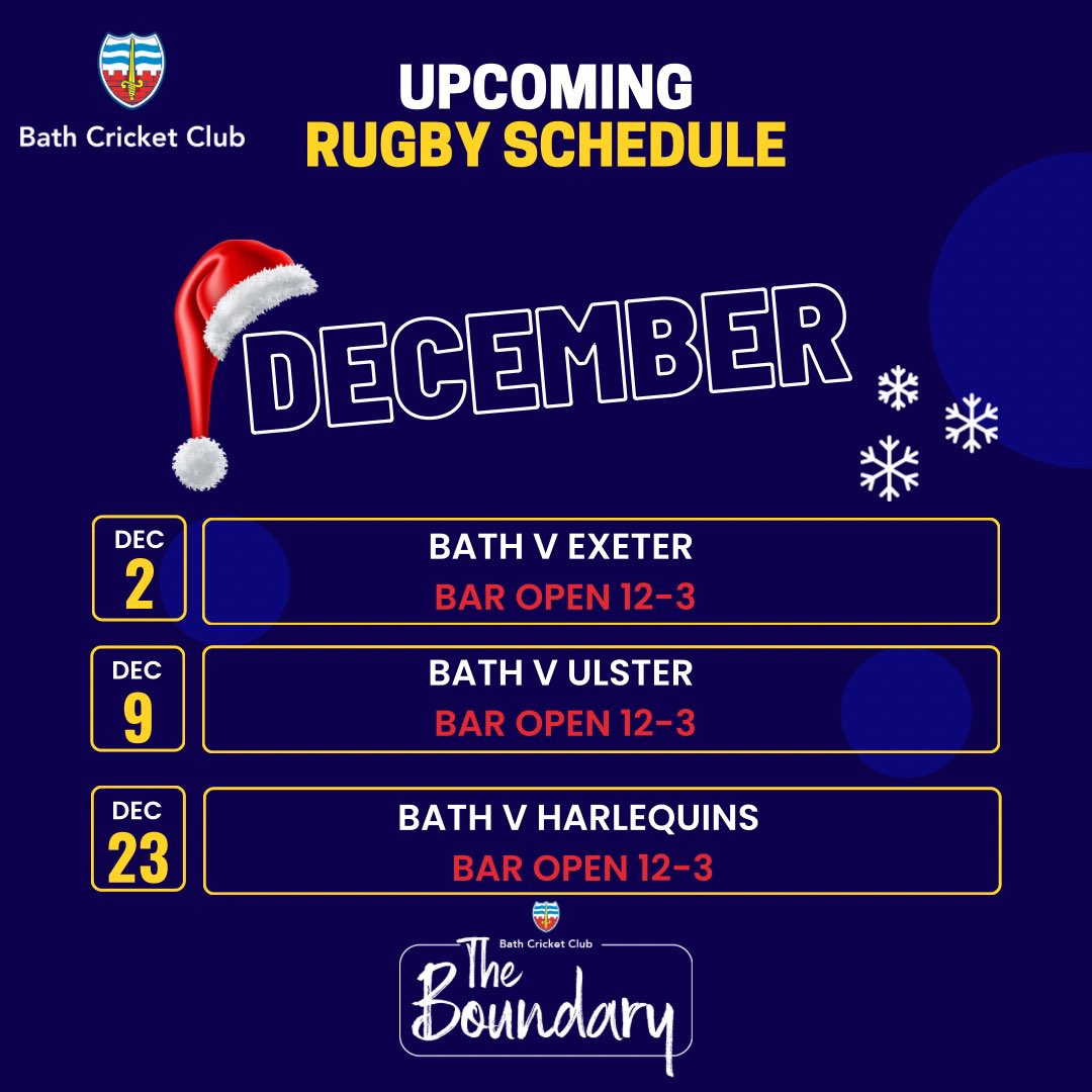 Bath Cricket Club (@bathcricket) on Twitter photo We are open tomorrow for <a href="/BathRugby/">Bath Rugby</a> vs <a href="/UlsterRugby/">Ulster Rugby</a>
Bar open 12-3
Food and Drink Available 🍺🥟
<a href="/VisitBath/">Visit Bath</a> @bathbid <a href="/BR_Foundation/">Bath Rugby Foundation</a> <a href="/bathrugbylive/">Bath Rugby Live</a> <a href="/BathSupporters/">Bath Supporters</a> We are open tomorrow for <a href="/BathRugby/">Bath Rugby</a> vs <a href="/UlsterRugby/">Ulster Rugby</a>
Bar open 12-3
Food and Drink Available 🍺🥟
<a href="/VisitBath/">Visit Bath</a> @bathbid <a href="/BR_Foundation/">Bath Rugby Foundation</a> <a href="/bathrugbylive/">Bath Rugby Live</a> <a href="/BathSupporters/">Bath Supporters</a>