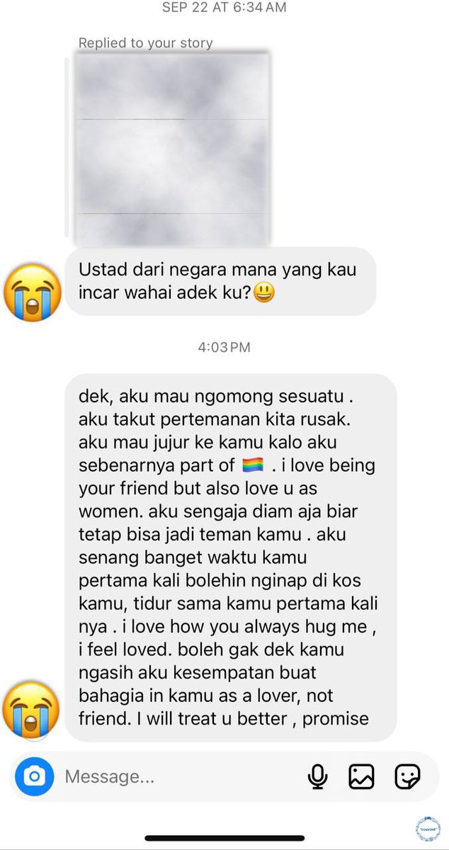 💙 CW / LGBTQ 
kita temenan udh dari maba bhkn skrg udh 3th lulus. Juli lalu aku denger desas desus dia part of 🏳️‍🌈. Jd aku jaga jarak sm dia. Eh beneran confess bjirrrr. Takut bgt😭😭😭😔