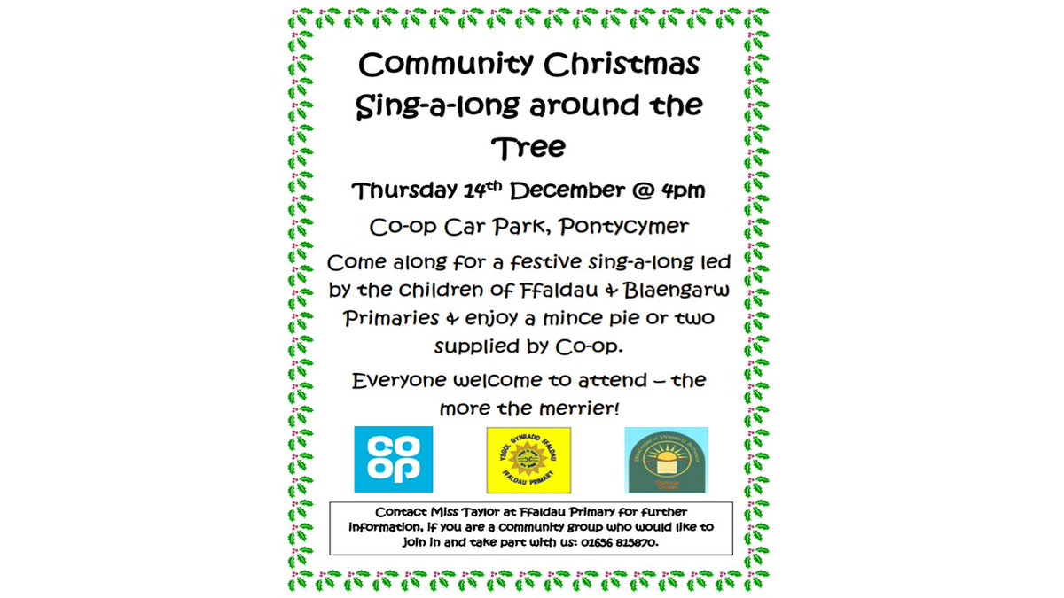 Ffaldau Primary (@ffaldauprimary) on Twitter photo Community Christmas Sing-a-long at Co-op, Pontycymer on Thursday 14th December at 4pm.  Please come along & join in the fun with your friends & family.  If you know of a community group who would like to join in , then please get in touch. 
PLEASE SHARE <a href="/BlaengarwP/">Blaengarw Primary</a> <a href="/BridgendCBC/">Bridgend CB Council</a> Community Christmas Sing-a-long at Co-op, Pontycymer on Thursday 14th December at 4pm.  Please come along & join in the fun with your friends & family.  If you know of a community group who would like to join in , then please get in touch. 
PLEASE SHARE <a href="/BlaengarwP/">Blaengarw Primary</a> <a href="/BridgendCBC/">Bridgend CB Council</a>