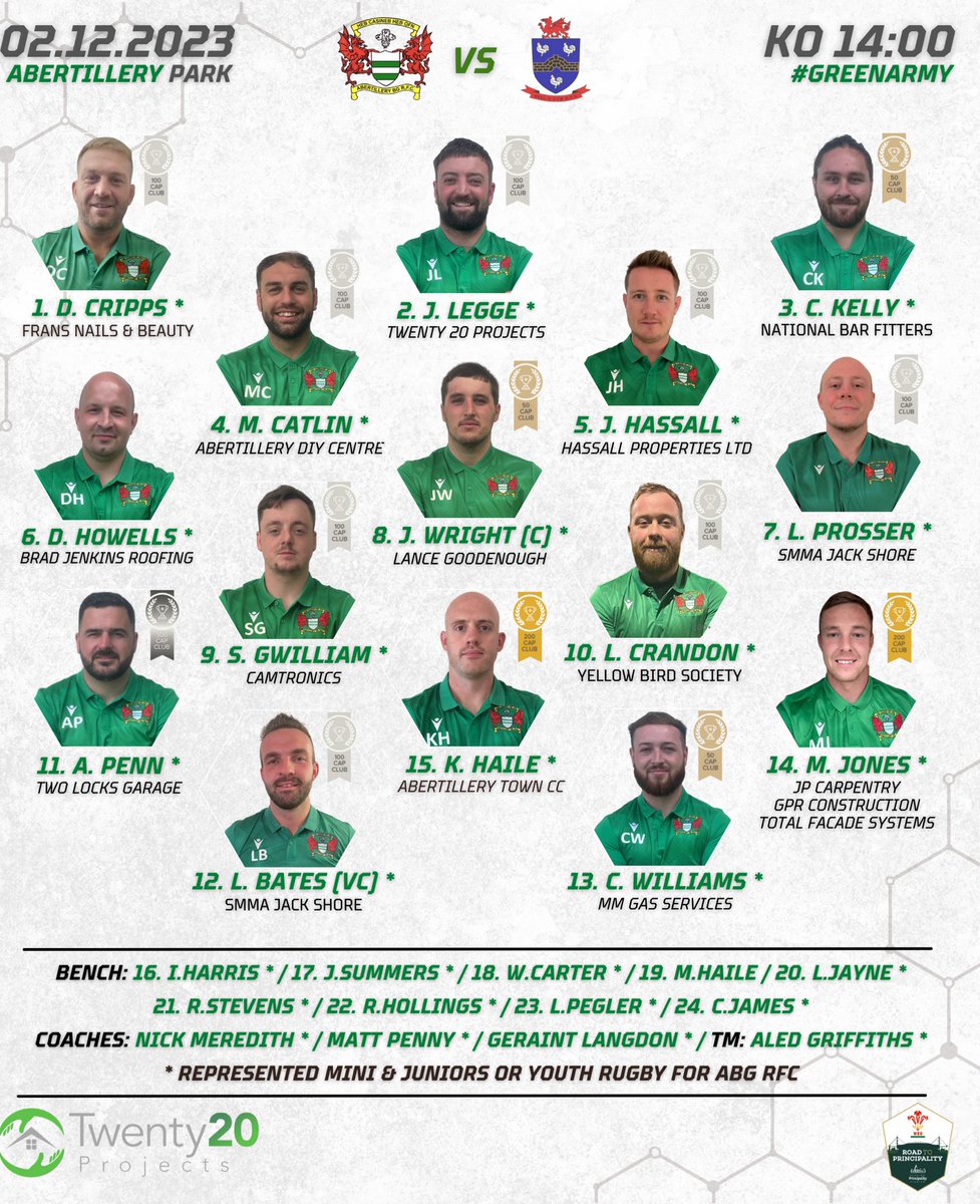 🔊SQUAD ANNOUNCEMENT 🔊 

Our lineup for tomorrow's match against Heol Y Cyw. Hoping the weather stays on our side this time! Get down there and show your support! #PackThePark

🕐 14:00 KO
📍 Abertillery Park
🍔 U16's on the BBQ
🍺 Cruzcampo now on tap

#GreenArmy