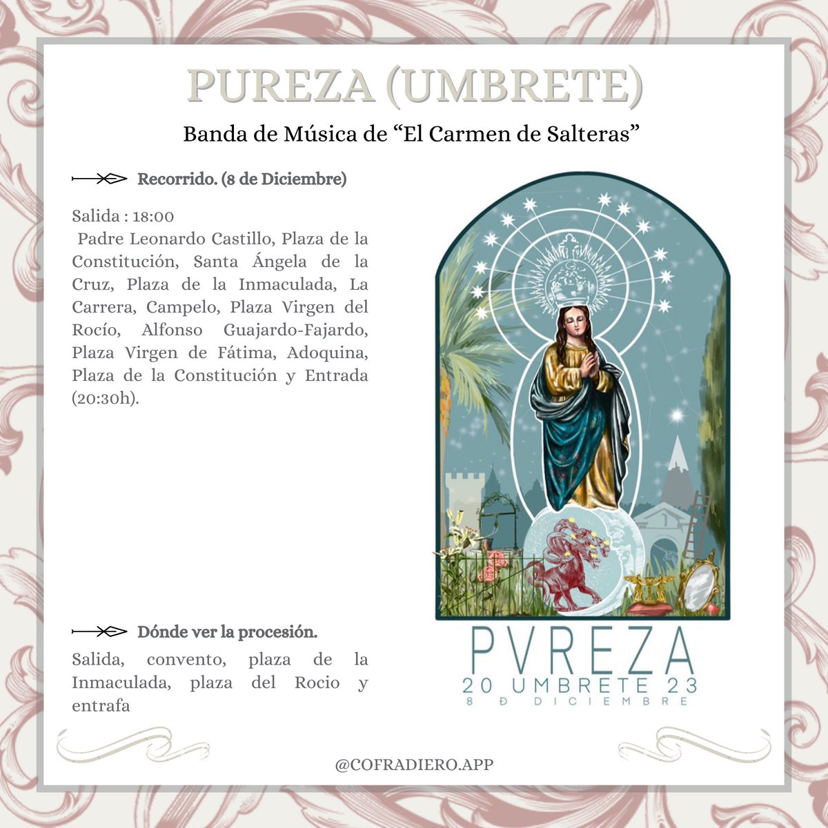 UMBRETE | En el día de hoy viviremos la procesión de la Purísima Concepción Reina de los Angeles. 
<a href="/CarmenDSalteras/">El Carmen de Salteras</a> 
#seillacofradiera #ELCOFRADIERO #TDSCofrade