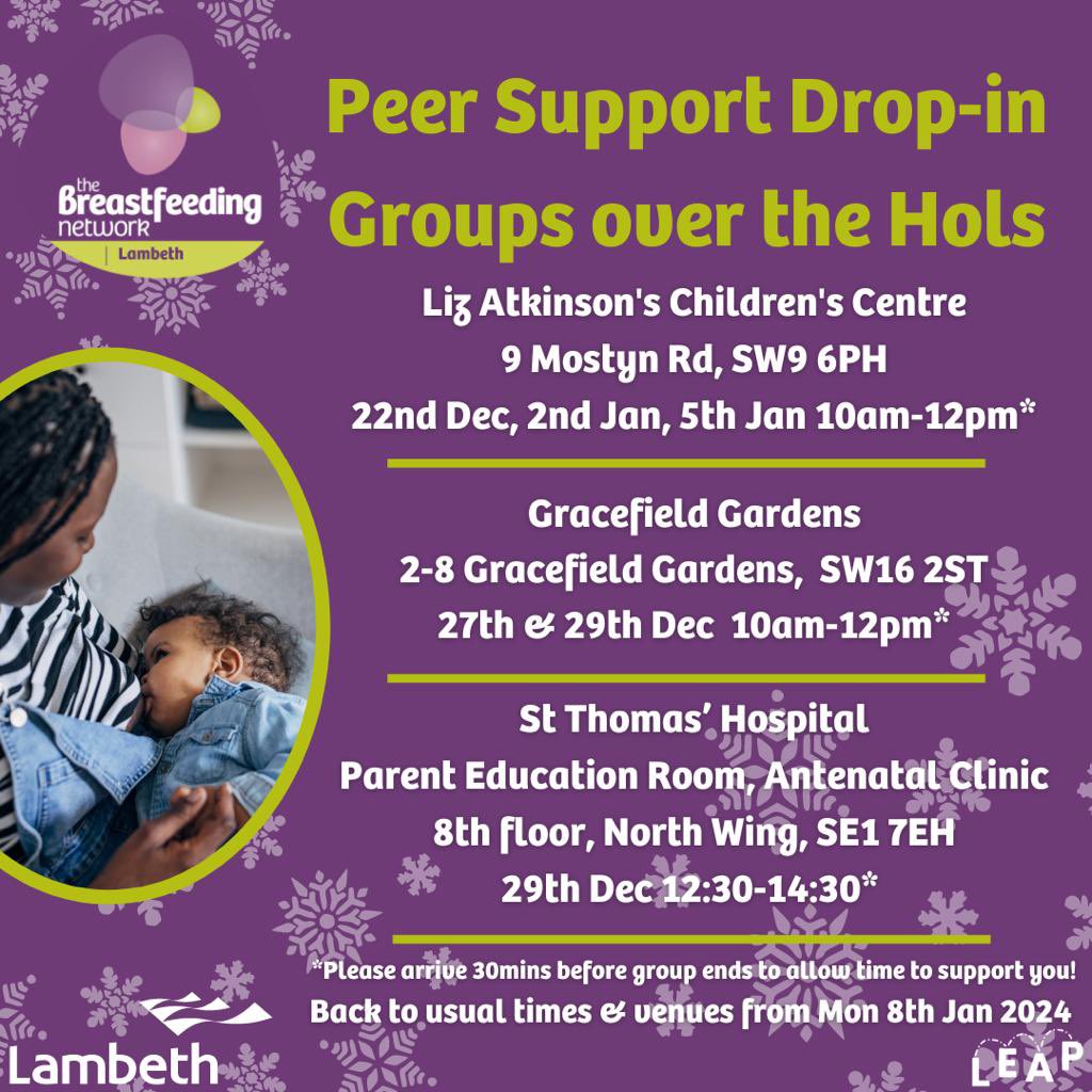 🎄 Need support from the amazing Lambeth Breastfeeding Network team this holiday season? Check out their Xmas schedule and share with fellow mums. 

Please spread the word to ensure everyone gets the help they need! #BreastfeedingSupport #LambethNetwork 🤱🏽✨