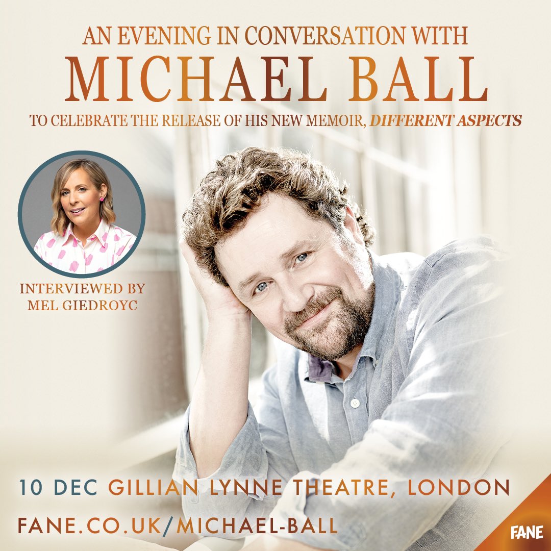 .@mrmichaelball talks to Mel Giedroyc about his memoir #DifferentAspects at the Gillian Lynne Theatre #London tonight @faneproductions
