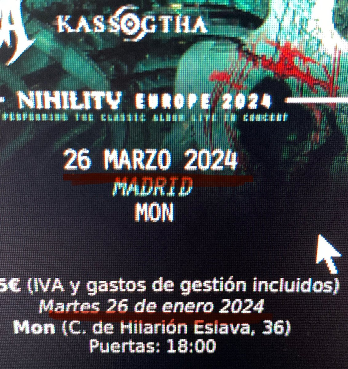 Mistahw's tweet photo. @MadnessLive Hola, por que salen 2 fechas diferentes en Madrid? 26 de Marzo y 26 de Enero…en la entrada PDF en el mail…por todos lados. 👹 https://t.co/VqMe635nb6