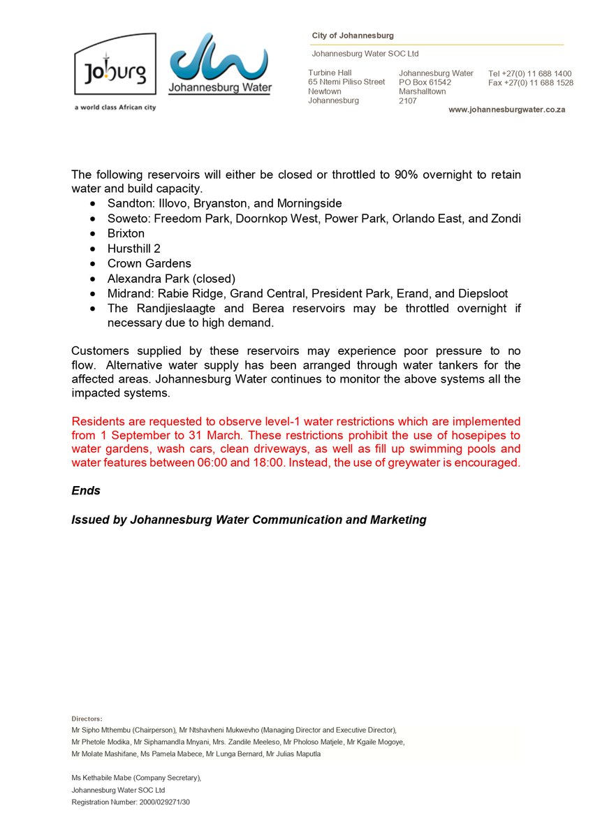 JHBWater's tweet photo. #JoburgUpdates 
Johannesburg Water systems update ^S https://t.co/Cm0fLE9HYW