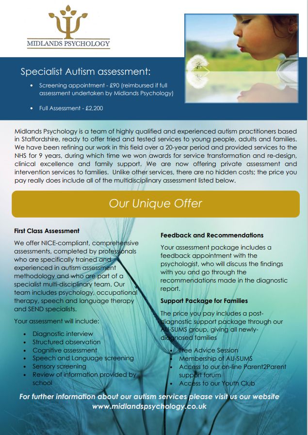 *** SPECIALIST AUTISM ASSESSMENT FROM MIDLANDS PSYCHOLOGY ***
For further information check out our website:
midlandspsychology.co.uk/.../autism/ass…
or give Alison a call on (01785) 748447 #Autism #AutismAwareness #autismacceptance