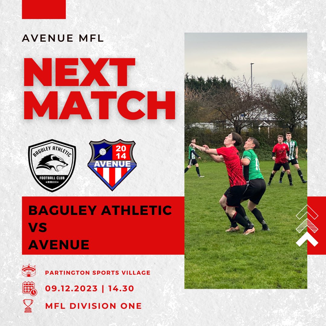 UP NEXT | Avenue travel to league leaders @BaguleyAthletic this Saturday in a @THEMCRFL Division One fixture. 🔴⚫️🔵 #AvenueFC #OneClub #UpTheAve