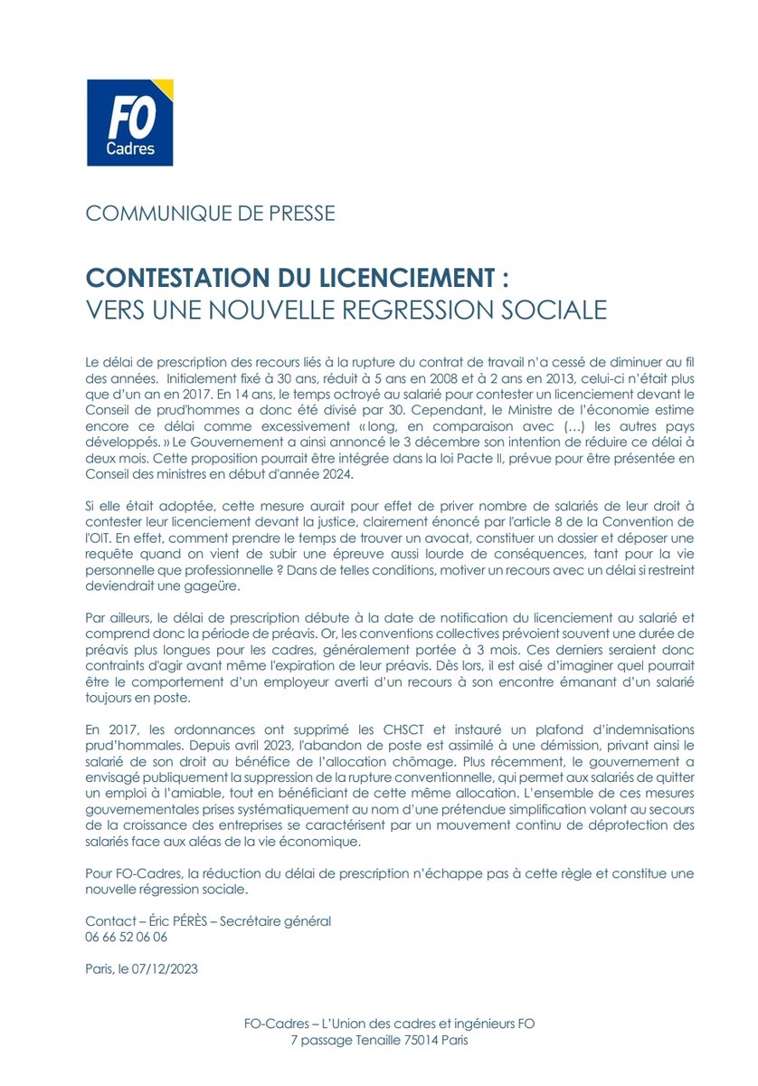 Communiqué <a href="/FOCadres/">FO-Cadres</a>👉La réduction à deux mois du #DélaiDePrescription permettant à un salarié de contester son #licenciement, constitue une nouvelle régression sociale ! Cette prétendue "simplification" se caractérise par une déprotection des salariés.
👇
urlz.fr/oPs6