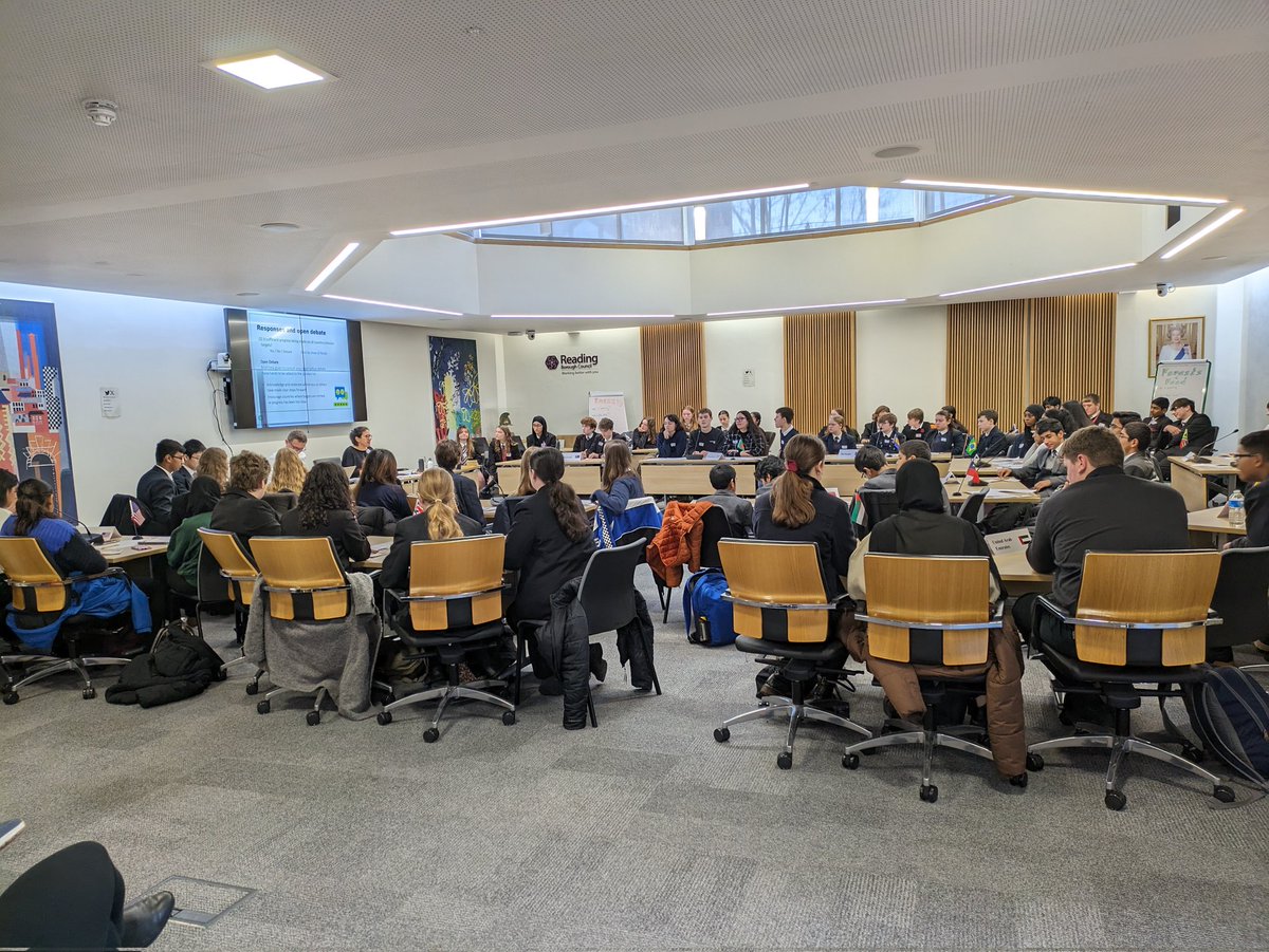 justideasco's tweet photo. Opening speeches from our 16 participating country teams have concluded and now a unanimous vote that not enough is being done globally to address climate change. @InterClimate @ReadingCouncil https://t.co/a6kyaWRGsf