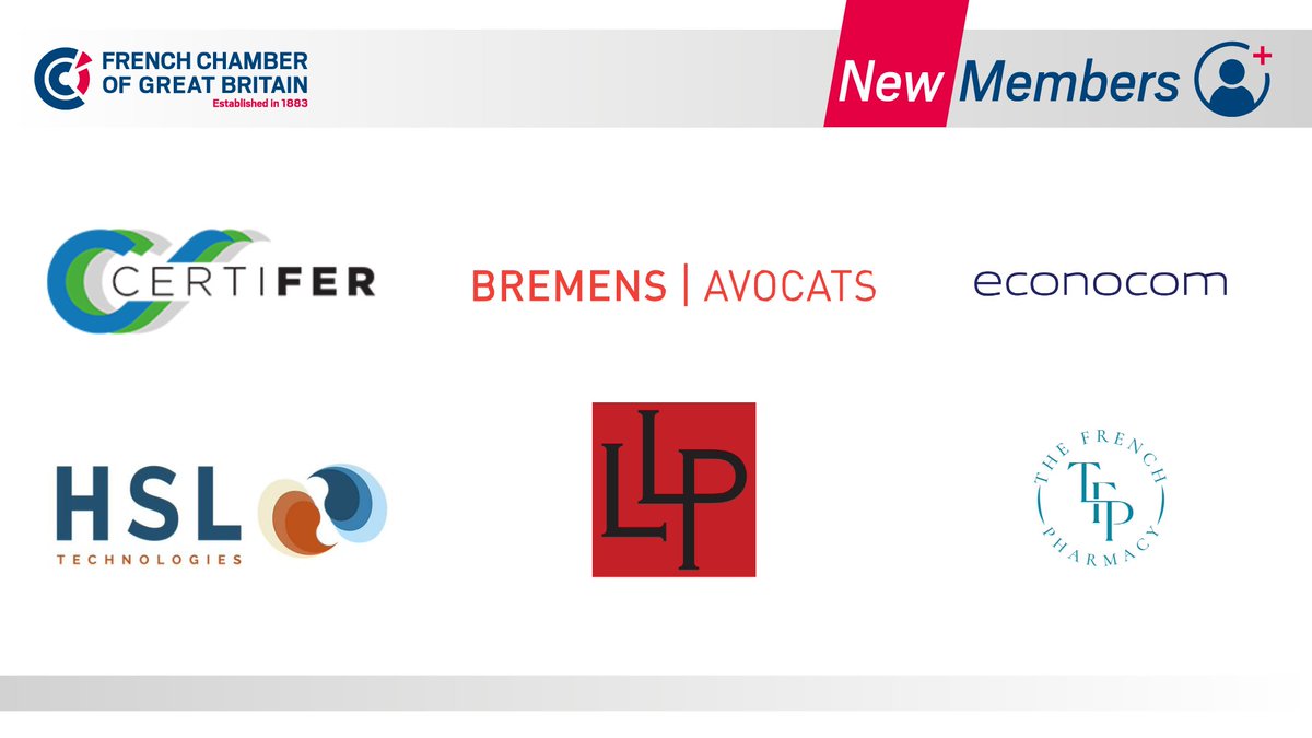 frenchchambergb's tweet photo. 📣 We are delighted to introduce our #newmembers of the month: Certifer, Bremens Avocats, @Econocom_UK, @Hysilabs, Lette Ltd and The French Pharmacy 
Welcome to the Chamber 🎉 https://t.co/qL4oxztq0p