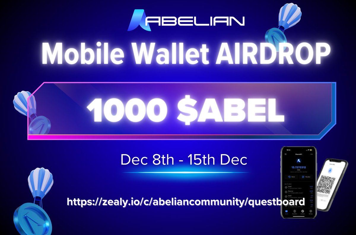 💛🚀 The Abelian Mobile Wallet AIRDROP 🚀 💙 

📱 Here is a chance to download Abelian's #QuantumProof Mobile Wallet and win from a 1000 $ABEL prize pool 🎉

🗓 Dec 8th | 11:00AM (UTC) - Dec 15th | 11:00AM (UTC)

✅ Follow the steps on our Zealy Questboard👇 to get rewards 🎁
🔗…