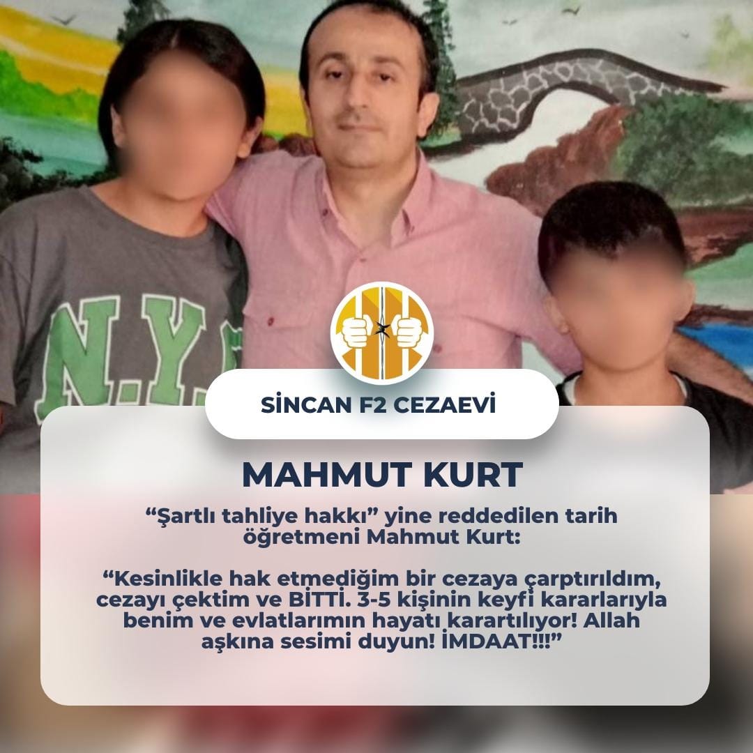 cezaeviihlaller's tweet photo. Sincan F2 Cezaevi'nde 6.7 yıldır tutuklu Mahmut Kurt'a denetimli serbestlik hakkı verilmediği gibi 1 Mart'tan itibaren koşullu salıverilme hakkı da verilmiyor. Eşinden boşanan Kurt'un çocukları anneannelerinde kalıyor. Yaşananlar yetmedi mi?

#benzin #kışsaati Eylül Öztürk Muhammet Yakut