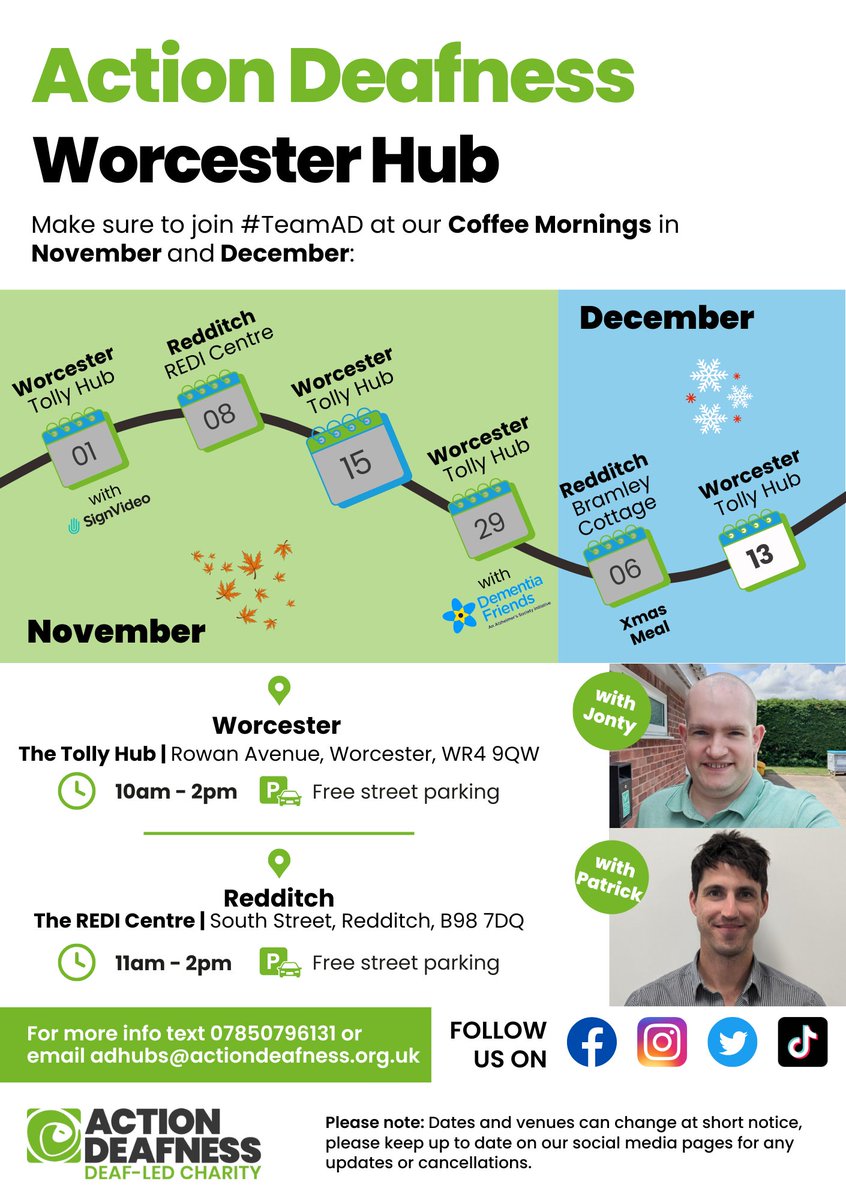 Join #TeamAD for our last #Worcester Coffee Morning in 2023! 

📆 13th Dec
⌚️ 10am – 2pm
📍 The Tolly Hub (WR4 9QW)

We look forward to seeing you soon!

#ActionDeafness #Christmas #BSL