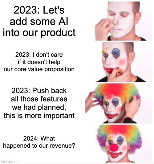 lissijean's tweet photo. Annual planning tip: Don't let flashy AI derail your roadmap. AI is a tool, not a magic fix. Look beyond buzzwords; focus on solving user problems. Rushing to implement 'AI' doesn't guarantee success. Prioritize solutions that truly benefit your users in 2024. https://t.co/HWUB5551kF