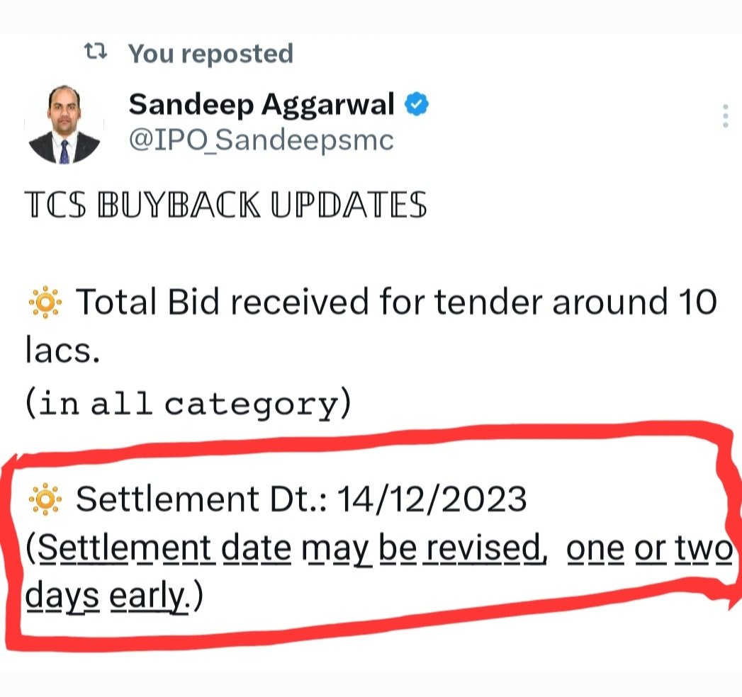 🔥GOOD NEWS FOR TCS BUYBACK PARTICIPANTS 🔥

As expected Settlement and Obligation dates are revised.
Revised dates are:

Obligation on 11/12/2023

Settlement on 12/12/2023