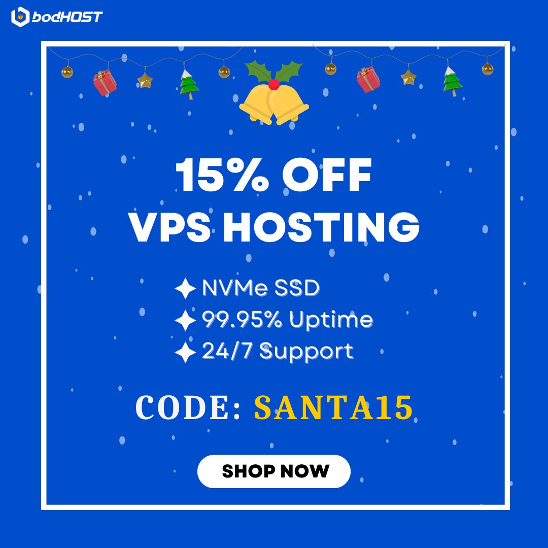 bodHOST's tweet photo. 🎅✨ Jingle all the way to incredible savings this Christmas with bodHOST! 🌟 Enjoy a festive 15% OFF on VPS Hosting using code SANTA15. Unwrap the gift of seamless hosting this holiday season! 🎁
Buy Here: https://t.co/FxuWHOIWc6
#ChristmasSale #VPSHosting #bodHOST #designer https://t.co/EOFLuEwkbb