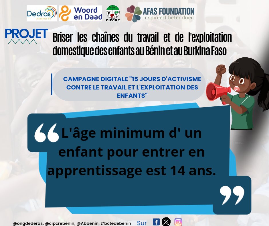 luc_ganse's tweet photo. Campagne "15 Jours d'Activisme" : Stop au Travail des Enfants !
L’âge minimum d’un enfant pour entrer en apprentissage est 14 ans. Chers parents conformons-nous.
@ongdedras
@CIPCREBENIN
#bctedebenin
#Dedras
#CIPCREBENIN https://t.co/S65FMYmFoP