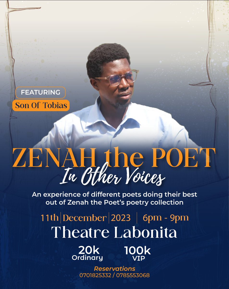 ugpoets's tweet photo. Happening this Monday, 11th at Theatre Labonita.

Get yourself ready to digest each word served by #SonOfTobias as he performs poetry written by @TheZenah, but translated into Luganda.

Tickets are available for only 20k ordinary and 100k for VIP. https://t.co/x4oTtTRE68