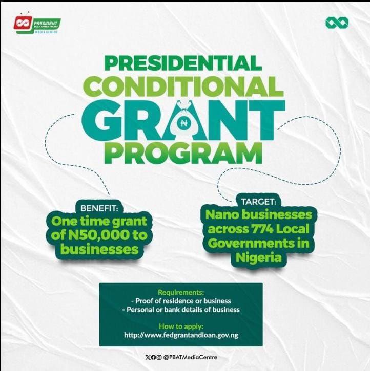 🚀 Exciting News! The Presidential Condition Grant Program is now LIVE! 🎉 Don't miss out – apply today: grant.fedgrantandloan.gov.ng/apply. 

Also, share the post to spread the word! 🌐 

#GrantOpportunity #ApplyNow