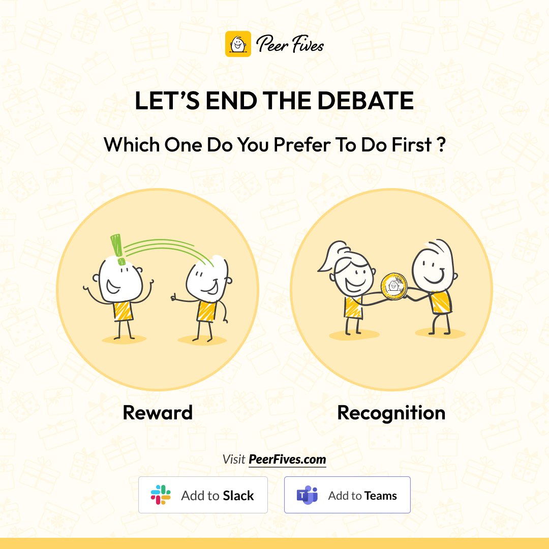 Ready to end the debate on which comes first, #reward or #recognition? With #Peer Fives, you can easily do both! Add it to your Slack or Teams and start boosting morale and productivity in your workplace. Visit PeerFives.com to learn more. #employeeengagement