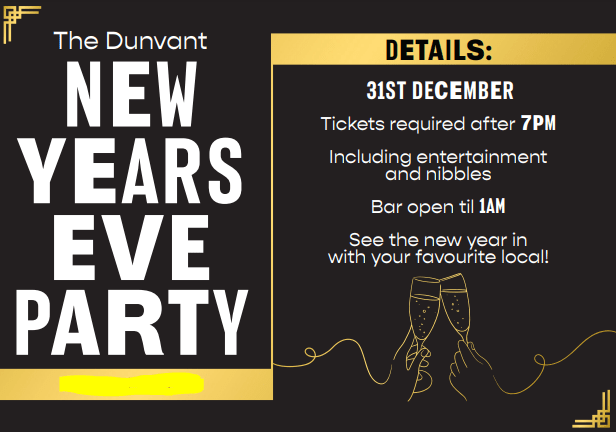 TheDunvantHH's tweet photo. Tickets are now available for our New Year's Eve party!

They're FREE of charge.

Just ask a member of our team :) https://t.co/88JzBpeVO4