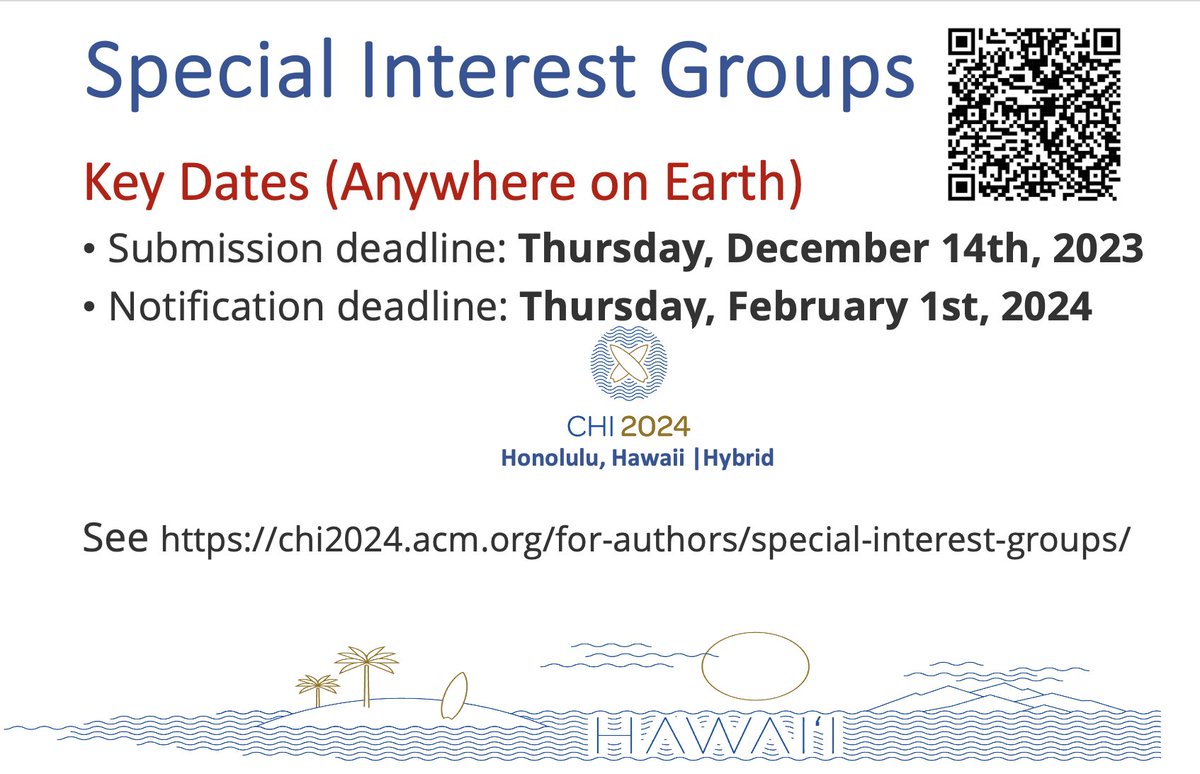 Aneesha Singh (@puddlelogic) on Twitter photo 📢Call for proposing #chi2024 SIGs!
SIGs are valuable to initiate or continue deep discussions on specific topics with the CHI community.
➡️ Deadline: Dec 14, 2023 (Anywhere on Earth)
📷 chi2024.acm.org/for-authors/sp…
📷 chi2024.acm.org/2023/11/09/hyb…
cc
<a href="/abdoelali/">Abdo El Ali</a>
<a href="/acm_chi/">ACM CHI Conference</a>
<a href="/sigchi/">ACM SIGCHI</a> 📢Call for proposing #chi2024 SIGs!
SIGs are valuable to initiate or continue deep discussions on specific topics with the CHI community.
➡️ Deadline: Dec 14, 2023 (Anywhere on Earth)
📷 chi2024.acm.org/for-authors/sp…
📷 chi2024.acm.org/2023/11/09/hyb…
cc
<a href="/abdoelali/">Abdo El Ali</a>
<a href="/acm_chi/">ACM CHI Conference</a>
<a href="/sigchi/">ACM SIGCHI</a>