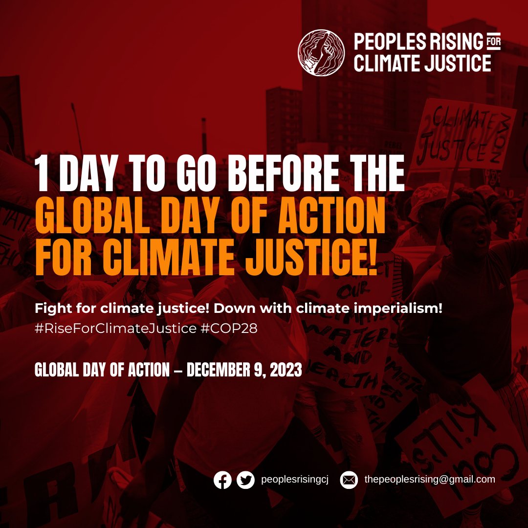 📣 1 DAY TO GO UNTIL THE GLOBAL DAY OF ACTION FOR CLIMATE JUSTICE! While corporate interests dominate #COP28, the peoples of the world are rising up. Genuine, people-led solutions now! (1/7)