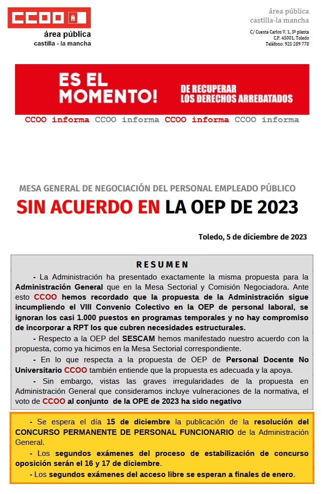 <a href="/JoseLuisResuela/">Jose Luis Resuela🩷🌾🌻🌳</a> <a href="/Salvado04711483/">Salvador.</a> <a href="/CCOOAgentesJCCM/">Agentes Medioambientales CCOO CLM🌳🚨⏺🌲 🔁</a> <a href="/gustavosque/">Gus</a> <a href="/RdgonzalezLucha/">Ramón</a> <a href="/chantalapiedra/">Charly Cantalapiedra ❤️💛💜</a> <a href="/sonetov/">M.A. Castellanos</a> <a href="/ccooindustriclm/">CCOO INDUSTRIA CLM</a> <a href="/pepefdezr/">Pepe Fernández</a> <a href="/Forestales_CCOO/">FORESTALES de CCOO</a> <a href="/Lola_Santillana/">𝐋𝐎𝐋𝐀 𝐒𝐀𝐍𝐓𝐈𝐋𝐋𝐀𝐍𝐀</a> <a href="/eclavero1/">Enrique Clav Diaz</a> <a href="/JuanaOLMEDA/">Juana OLMEDA GOMEZ</a> <a href="/JMVera2/">JM Vera CCOO</a> <a href="/JuanCampoV/">Juan Del Campo</a> <a href="/2014clopez/">Carmen López</a> <a href="/OlmosRaul/">Raul Olmos🍉</a> <a href="/imujerclm/">Instituto Mujer CLM</a> <a href="/culturaenclm/">Cultura Castilla-La Mancha</a> <a href="/PacoDeLa_Rosa/">Paco de la Rosa #SalarioOConflicto</a> <a href="/raquel_payo/">Raquel Payo</a> <a href="/CarolinaVidal_L/">Carolina Vidal López</a> <a href="/Pilarcallado/">Pilar Callado García</a> <a href="/CCOOMiterdMapa/">MiterdMapaCCOO</a> <a href="/JCCMToledo/">JCCM Toledo</a> <a href="/JCCMGuadalajara/">JCCM Guadalajara</a> <a href="/JCCMCuenca/">JCCMCuenca</a> <a href="/FECCOOCLM/">CCOO Enseñanza CLM #CCOONosUne</a> <a href="/FSSCCOOCLM/">FSSCCOOCLM</a> <a href="/eroblesg1972/">Eusebio Robles (Use)</a> <a href="/EconomiaCLM/">Economía, Empresas y Empleo CLM</a> <a href="/igualdadclm/">igualdadclm</a> <a href="/SanidadCLM/">Sanidad CLM</a> <a href="/AgriculturaClm/">Consejería de Agricultura, Ganadería y Des. Rural</a> <a href="/educajccm/">Educación C-LM</a> <a href="/BienestarCLM/">Bienestar Social CLM</a> <a href="/DSostenibleCLM/">Desarrollo Sostenible CLM</a> <a href="/sescamclm/">SESCAM</a> <a href="/garciapage/">Emiliano García-Page</a> <a href="/Guijarrojl/">José Luis Martínez</a> <a href="/JoseleCaballero/">José Manuel Caballero Serrano</a> <a href="/pfrancoCLM/">Patricia Franco</a> <a href="/Sara_SimonA/">Sara Simón Alcorlo</a> <a href="/EstherPadillaR/">Esther Padilla Ruiz</a> <a href="/jfdezsanz/">Jesús Fernández Sanz</a> <a href="/jmlizanab/">Julián Martínez Lizán</a> <a href="/amadorpastorn/">Amador Pastor Noheda</a> <a href="/Nacho_Hernando/">Nacho Hernando</a> <a href="/GarciaTorijano/">Bárbara García Torijano</a> <a href="/CCOOclm/">CCOO CLM #PrimerSindicato</a> ℹ️#CCOOinforma🔴[𝘈𝘮𝘱𝘭𝘪𝘢𝘤𝘪ó𝘯 #𝘔𝘦𝘴𝘢𝘎𝘦𝘯𝘦𝘳𝘢𝘭5𝘋]

En nuestra web puedes consultar Hoja Informativa con los detalles d la #MesaGeneral en 𝐷𝑜𝑐𝑢𝑚𝑒𝑛𝑡𝑎𝑐𝑖ó𝑛 𝐴𝑠𝑜𝑐𝑖𝑎𝑑𝑎👇🏾
castillalamancha.fsc.ccoo.es/noticia:679295…

O descargarte pdf completo aquí👇🏾
castillalamancha.fsc.ccoo.es/7be0d41474cf2a…