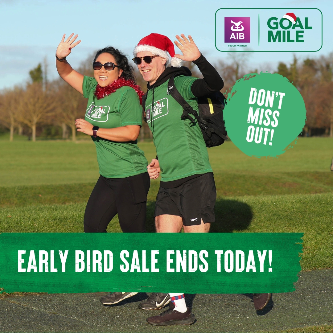 ENDS TODAY! Save money on your #GOALMile entry fee. With 150 locations across Ireland, there's a GOAL Mile event near you to join. It's a wonderful Christmas tradition and you'll provide vital support for vulnerable families. Register now ➡️ bit.ly/3Gz1Wue #BackedByAIB