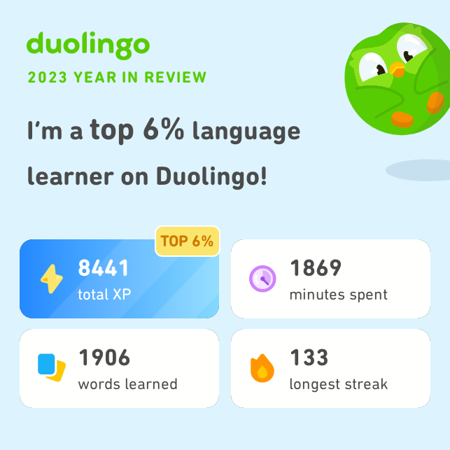AkilReza's tweet photo. Look how much I learned on Duolingo in 2023! How did you do? #Duolingo365 https://t.co/RlaLAFhhkD