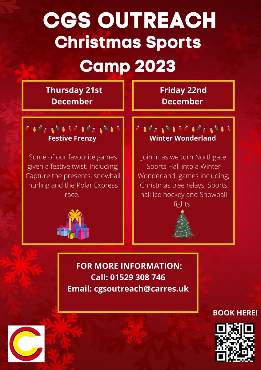 Come and join us at our Christmas Holiday camp for some festive fun. Call 01529 308746 or email cgsoutreach@carres.uk to book a place.
