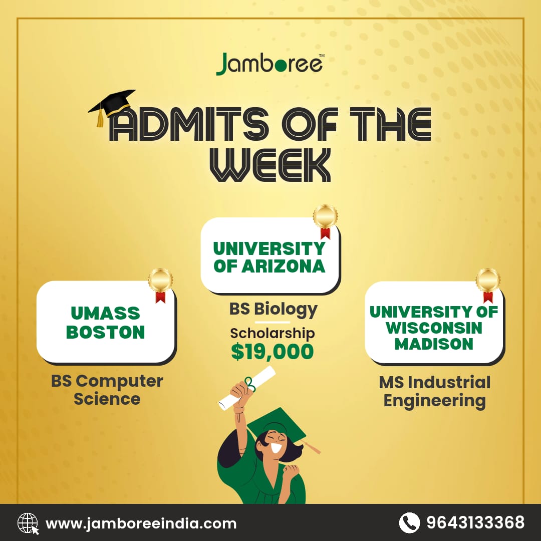 Celebrating excellence! 🌟 Our top admits of the week shine bright! 🏆

#jamboree #topadmits #admission #studygram #studyoverseas #studyabroad #uk #usa #india #umassboston #universityofarizona #universityofwisconsinmadison #achievement #proudmoment