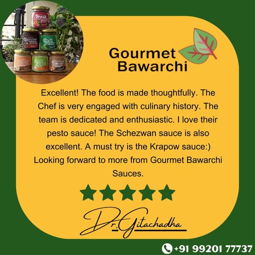 We're grateful for clients like you who appreciate our product. Your support means a lot to us!!
.
.
#GourmetBawarchi #Pestosauce #Schezwansauce #Jams #Butter
#GourmetSauces #SavorTheFlavor #DressItUp #Gourmetbawarchi
#clientreview #googlereview #healthyproducts