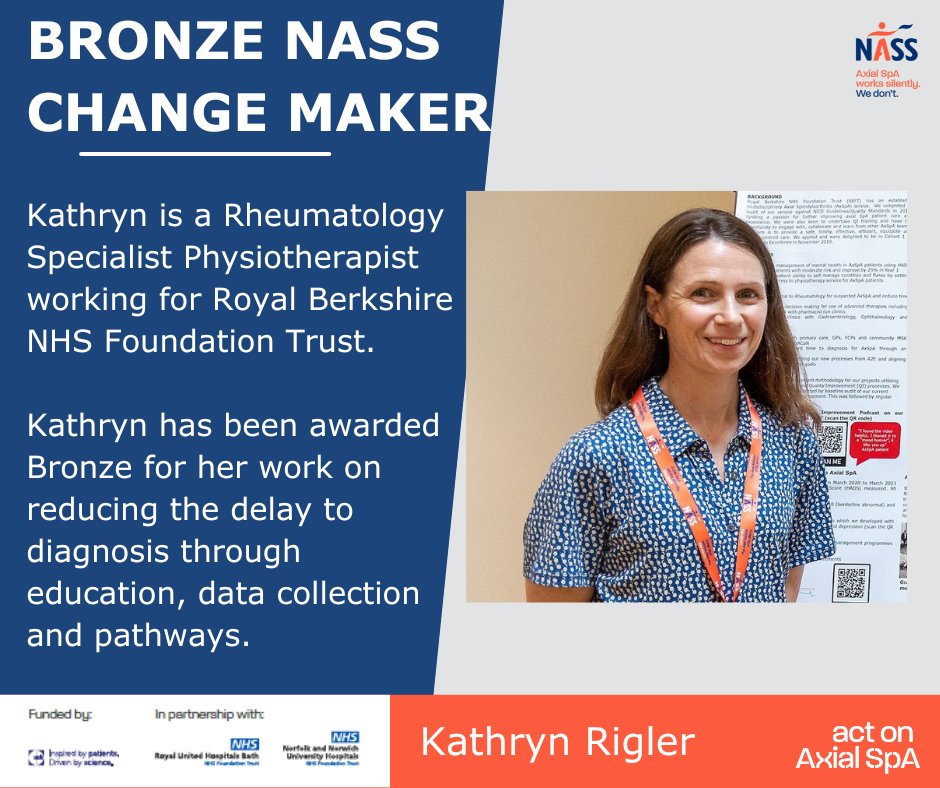 During #12daysofchangemakers we are celebrating #HCPs who have driven improvements in #axialSpA to reduce time to diagnosis

On day 3 we are focusing on @KathrynRigler from @RBNHSFT who received a Bronze #changemaker

Read her profile here: tinyurl.com/ycz9r2d4

#ActOnAxialSpA