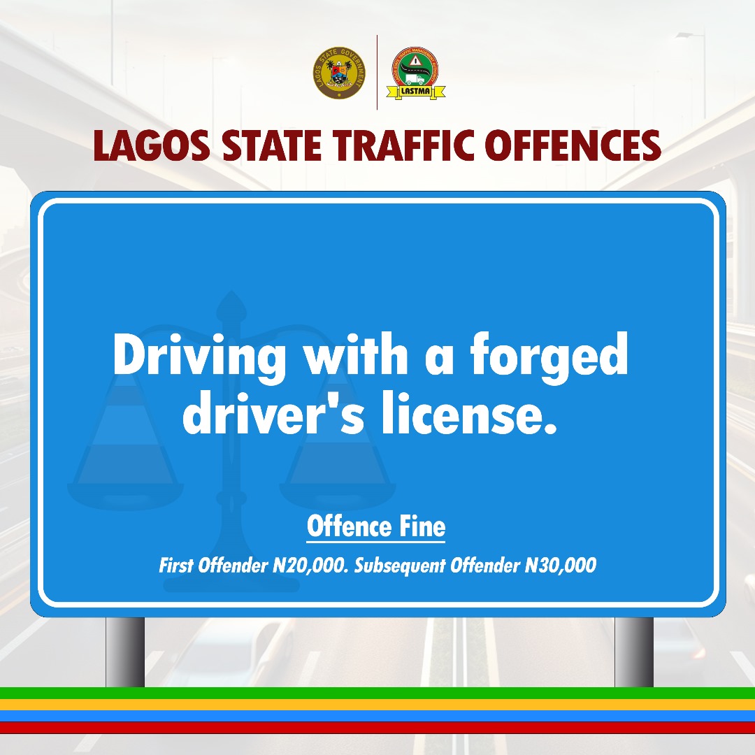followlastma's tweet photo. #TrafficOffences
Driving with a forged driver's license is an offence as mandated by the Lagos State Transport Sector Reform law 2018.
#FollowLASTMA
@followlasg
@lagosMOT1
@Sola_Giwa
@Gidi_Traffic
@TrafficChiefNG
@trafficbutter https://t.co/umvu4A54sU