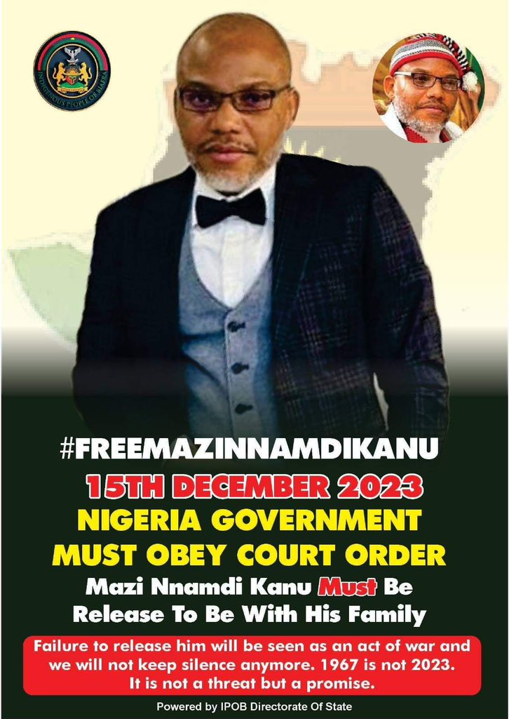 Release #FreeMaziNamdiKanuNow 
<a href="/real_IpobDOS/">Directorate Of State (DOS)</a> <a href="/mfa_russia/">MFA Russia 🇷🇺</a> <a href="/EUinNigeria/">EU in Nigeria 🇪🇺🇳🇬</a> <a href="/AmnestyNigeria/">Amnesty International Nigeria</a> <a href="/EU_Commission/">European Commission</a> <a href="/SpokespersonCHN/">Hua Chunying 华春莹</a> <a href="/_AfricanUnion/">African Union</a> <a href="/UNHumanRights/">UN Human Rights</a> <a href="/hrw/">Human Rights Watch</a> <a href="/StateDept/">Department of State</a> <a href="/officialABAT/">Bola Ahmed Tinubu</a> <a href="/PoliceNG/">Nigeria Police Force</a> <a href="/USinNigeria/">U.S. Mission Nigeria</a> 
#FreeMaziNnamdiKanu 
#FreeBiafra