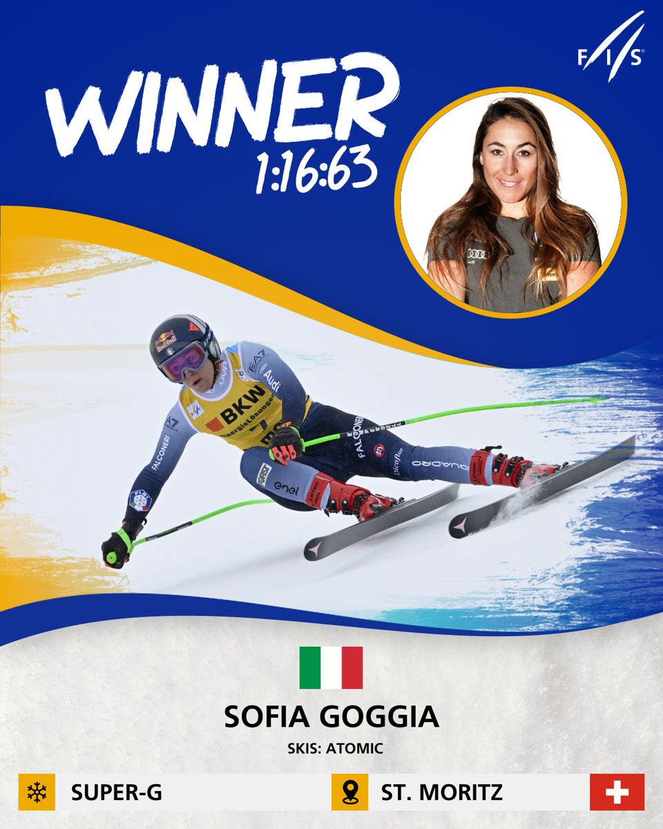 fisalpine's tweet photo. 👑🇮🇹 The Italian speed queen Sofia Goggia triumphs in St. Moritz. She's back to victory in Super G after 2 years (last was in Val d'Isere, Dec. 2021), conquering the 23rd victory in World Cup, 6th in Super G. 💪🏻 The podium is completed by Cornelia Huetter, 22nd career podium, and Lara Gut-Behrami, 78th podium. ⛷️ #fisalpine