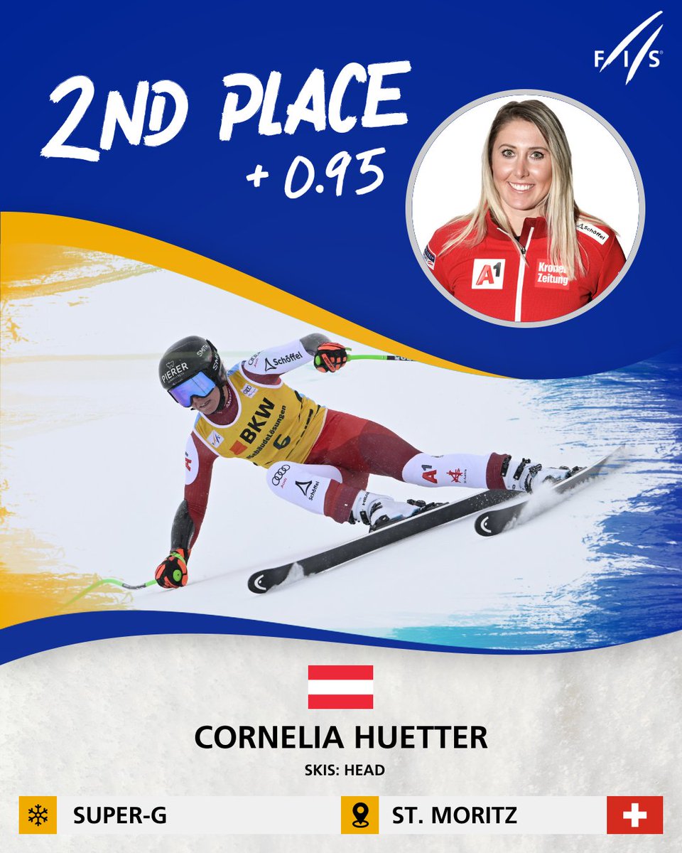 fisalpine's tweet photo. 👑🇮🇹 The Italian speed queen Sofia Goggia triumphs in St. Moritz. She's back to victory in Super G after 2 years (last was in Val d'Isere, Dec. 2021), conquering the 23rd victory in World Cup, 6th in Super G. 💪🏻 The podium is completed by Cornelia Huetter, 22nd career podium, and Lara Gut-Behrami, 78th podium. ⛷️ #fisalpine