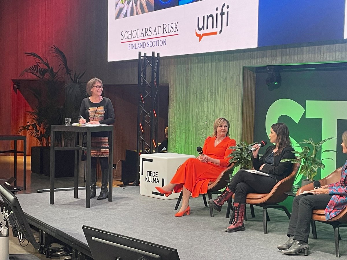 Finland_SAR's tweet photo. Our biennial SARF Day Open Event is underway and the first panel is discussing how to mainstream SAR work at Finnish universities. @SariLindblom @LaaksoLiisa  @gyoengyik offering their views at @tiedekulma #SARFDay2023 Elina Vuola chairing! https://t.co/FbrQ9VT2vL