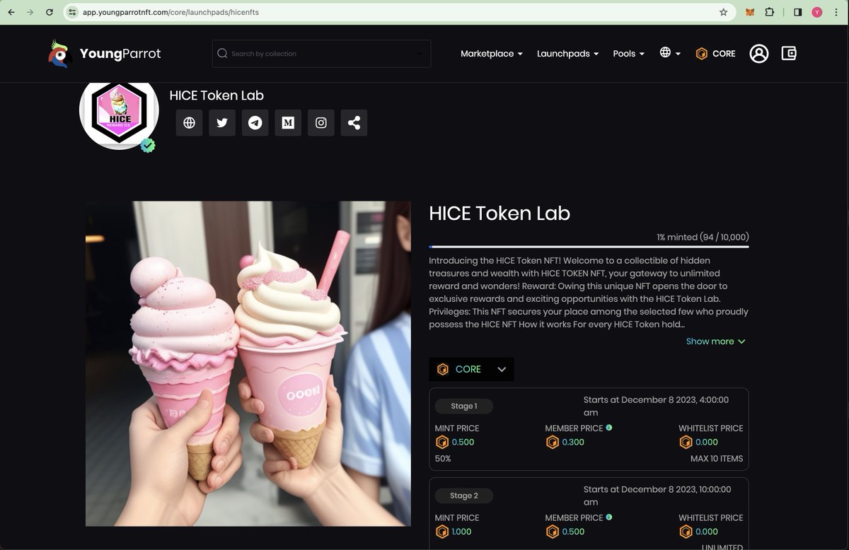 🚀🚀🚀 New Launchpad on Core:

HICE Token Lab

Stage 1 only 6 hours to mint with Mint price 0.5 CORE or 0.3 CORE for YPM holders. Hurry up 🔥

Mint at app.youngparrotnft.com/core/launchpad…

<a href="/Hice_Token/">Hice Token Lab🔸</a> 

#CoreDAO #YPC